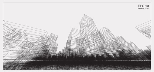 Poster - perspective 3d render of building wireframe. abstract wireframe city background of building. vector.