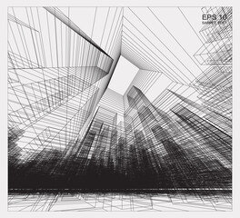 Abstract matrix wireframe space of building. 3D Perspective wireframe background. Vector.