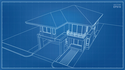 Poster - 3d perspective wireframe of house exterior. vector.