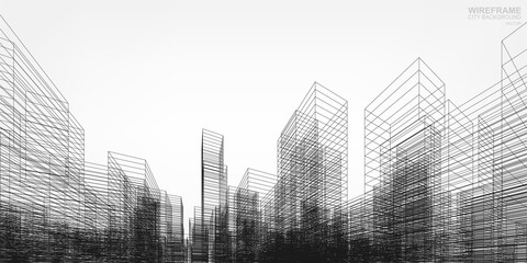 Poster - wireframe city background. perspective 3d render of building wireframe. vector.