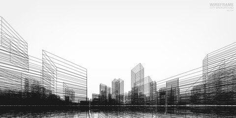 Poster - wireframe city background. perspective 3d render of building wireframe. vector.