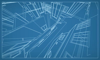 Poster - 3d perspective render of building wireframe structure. abstract construction graphic idea. vector.
