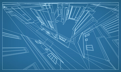 Poster - 3d perspective render of building wireframe structure. abstract construction graphic idea. vector.