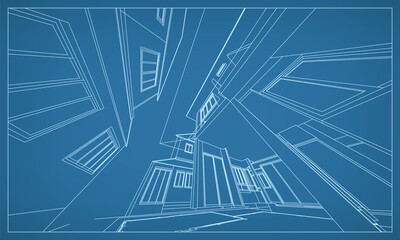 Poster - 3d perspective render of building wireframe structure. abstract construction graphic idea. vector.