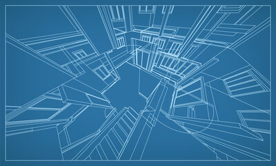 Poster - 3d perspective render of building wireframe structure. abstract construction graphic idea. vector.