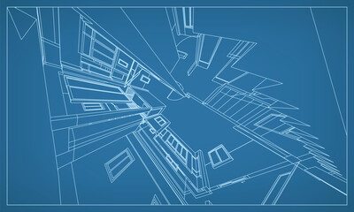 Poster - 3d perspective render of building wireframe structure. abstract construction graphic idea. vector.