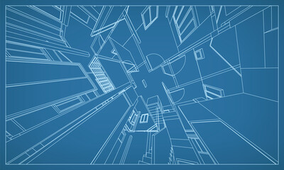 Poster - 3d perspective render of building wireframe structure. abstract construction graphic idea. vector.