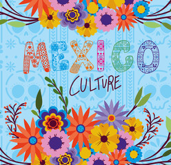 Mexico culture with flowers and leaves on skulls background vector design