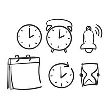 Hand Drawn Simple Set Of Time Related Vector Line Icons. With Doodle Drawing Style Vector