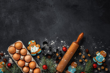 Poster - Christmas gingerbread on dark background with decorations top view. Holiday celebration and cooking concept