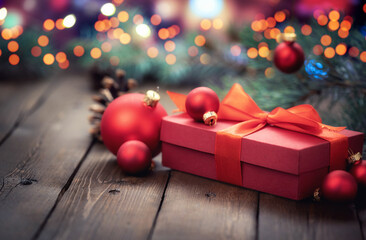 Red gift box with christmas decorations on defocused lights in the Background