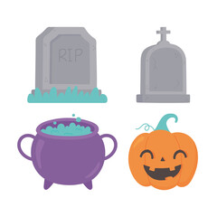 Poster - happy halloween cartoon pumpkin cauldron tombstones icons