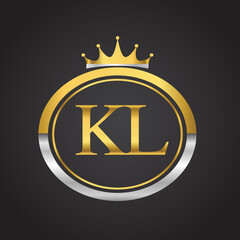 initial letter KL logotype company name with oval shape and crown, gold and silver color. vector logo for business and company identity.