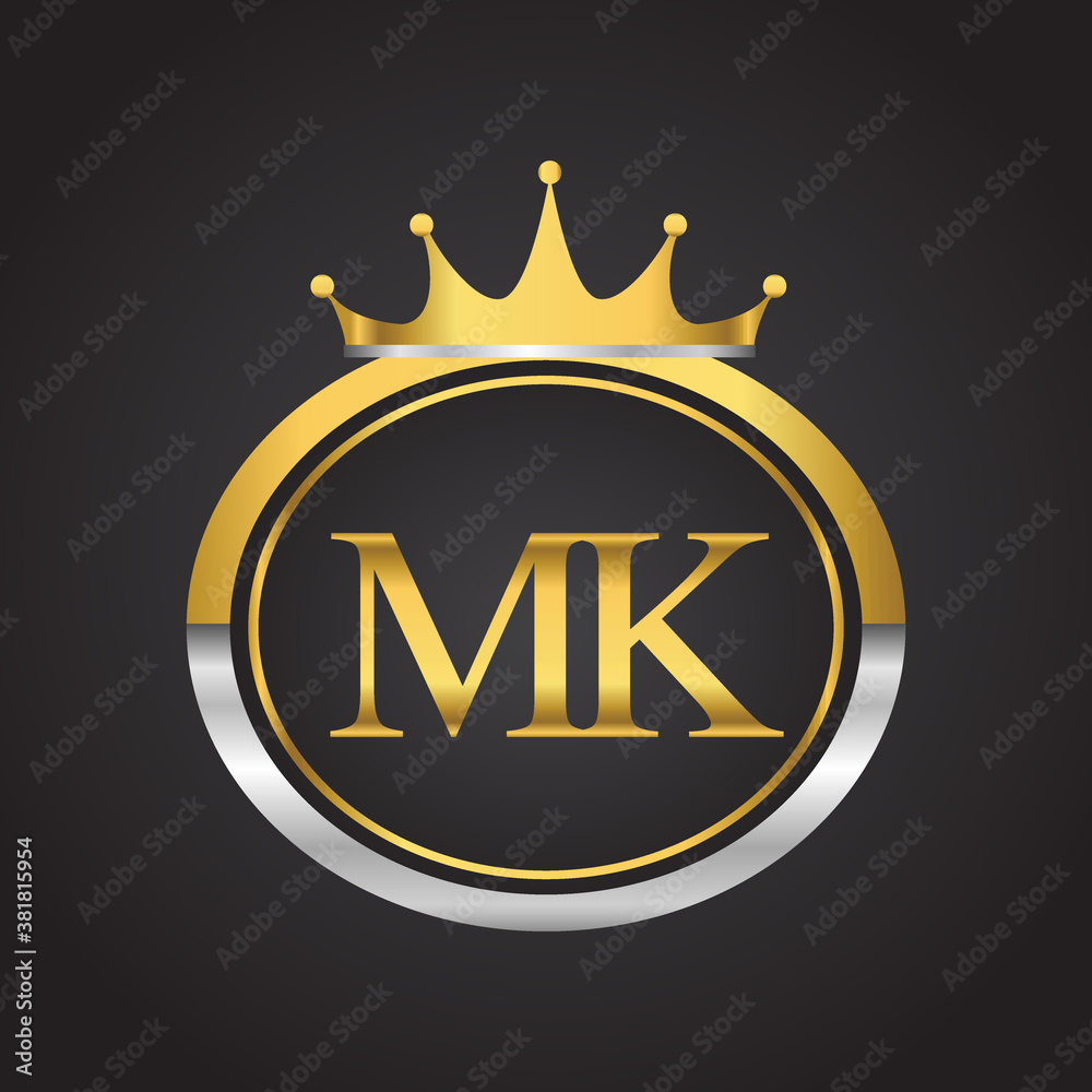initial letter MK logotype company name with oval shape and crown, gold ...