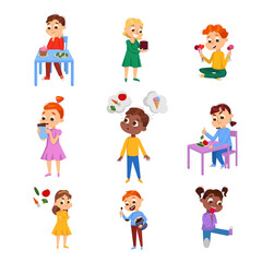 Sticker - Kids Choosing Between Healthy and Unhealthy Food Set, Boys and Girls Do Not Like Vegetables and Enjoying of Eating Sweet Desserts Cartoon Style Vector Illustration