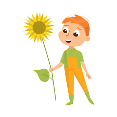 Poster - Cute Boy with Sunflower, Little Kid Farmer Character in Overalls Working in Garden Cartoon Style Vector Illustration