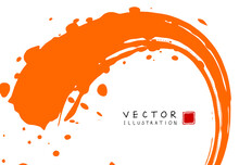 Abstract Ink Background. Chinese Calligraphy Art Style, Orange Paint Stroke Texture On White Paper.