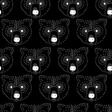 Seamless Vector Pattern Bear Head White On Black. Bear Face Monochrome Background. Minimalistic Scandinavian Style Animal Design For Kids Decor, Fabric, Children Fashion, Hipster, Wrapping, Wallpaper
