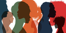Silhouette Profile Group Of Men Women And Girl Of Diverse Culture. Diversity Multi-ethnic And Multiracial People. Racial Equality And Anti-racism. Multicultural Society. Friendship