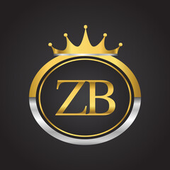 initial letter ZB logotype company name with oval shape and crown, gold and silver color. vector logo for business and company identity.