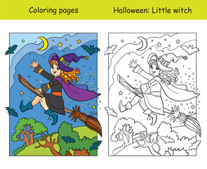  Coloring with colored example Halloween witch on broom