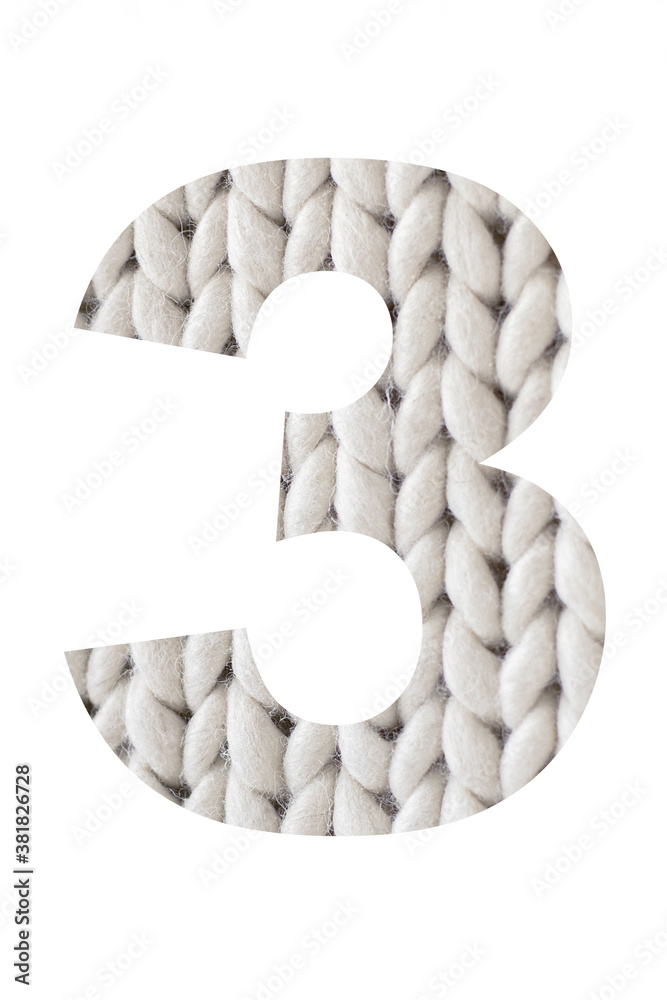 Number " 3 " is a knitted number isolated on a white background. Illustration of a collection of alphabet numbers of knitted pigtails background for a design project, poster, postcard, invitation.