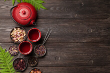 Various Herbal Tea, Teapot And Cup