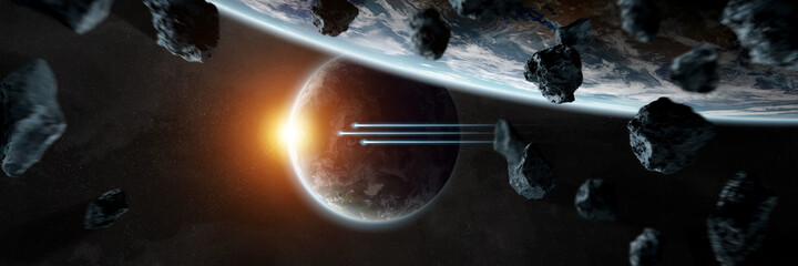 Leinwandbilder - Panoramic space planets background. Panorama of distant solar system with exoplanets 3D rendering elements of this image furnished by NASA