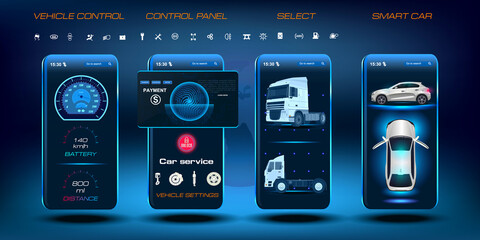 Poster - car parameters via a mobile application. autonomous vehicle control system. dashboard with sensors. 