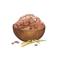 Wall Mural - Watercolor wooden bowl of brown rice decorated with cereal stick.