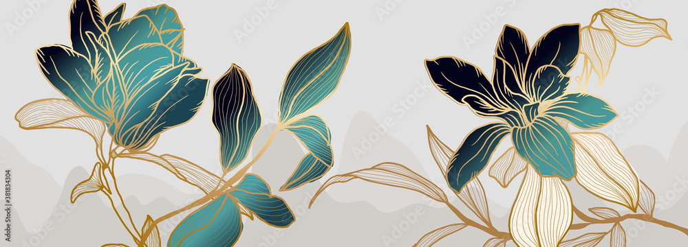 Luxury green and white magnolia flower background vector with golden metallic decorate - obrazy, fototapety, plakaty 