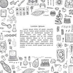 Illustration with hand drawn biology images and other elemets. Science collection. Vector.