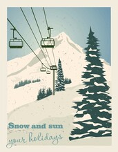 Winter Landscape With Ropeway Station And Ski Cable Cars. Snowy Country Scene Vector Illustration. Ski Resort Concept. For Websites, Wallpapers, Posters Or Banners.