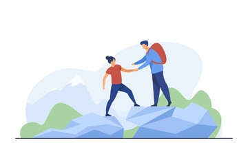Poster - Two tourists hiking in mountains. Travel, backpack, nature flat vector illustration. Vacation and summer activity concept for banner, website design or landing web page