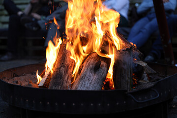 Outdoor barbecue with saugages open fire