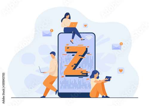 Fotografía Virtual tiny people messaging in social media flat vector illustration