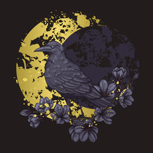 Illustration Of A Raven With Dark Flowers On A Golden Moon Background