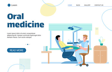 Wall Mural - Oral medicine website page template with dentist and patient at dental clinic background, flat cartoon vector illustration. Stomatology and oral health care.