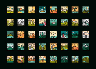 Sticker - landscapes different scene panorama nature weather set icons line and fill style