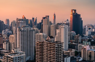  Skyscrapers and Modern Buildings in Bangkok Downtown, Thailand at Sunset