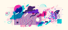Abstract Artistic Background With Various Colorful Geometric Shapes And Splashes. Vector Illustration.