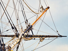 Vintage Sailing Ship Mast Ropes And Tackle, Tall Ship Rigging Mast Detail, Blue Sky