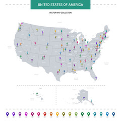 Wall Mural - united states of america map with location pointer marks. infographic vector template, isolated on w