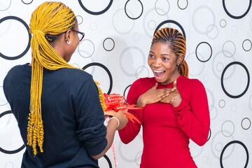 Wall Mural - lady feels excited when a friend gives her a gift