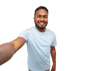 Wall Mural - people, grooming and beauty concept - portrait of happy smiling young african american man taking selfie over white background