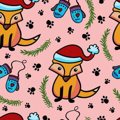  Seamless texture with Christmas Fox and Warm Mittens. Vector endless pattern.