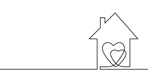 Continuous one line drawing Two hearts inside house, Love and family symbol. Minimalist contour vector illustration made of single thin line