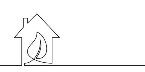 Continuous one line drawing leaf inside house, Green energy home, ecological city symbol. Minimalist contour vector illustration made of single thin line black and white