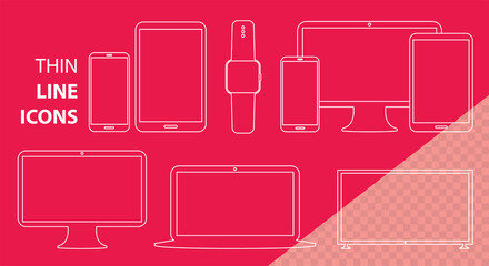 Poster - Mobile Phone, Tablet PC, Computer Monitor, Laptop Screen and Smart Watch Vector Line Icon Set. Transparent Line Art Illustrations for Digital Devices.