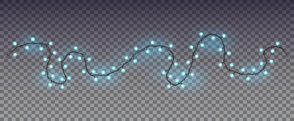 Christmas blue lights. Garland. Lights bulbs isolated. New year decorations. Vector realistic illustration